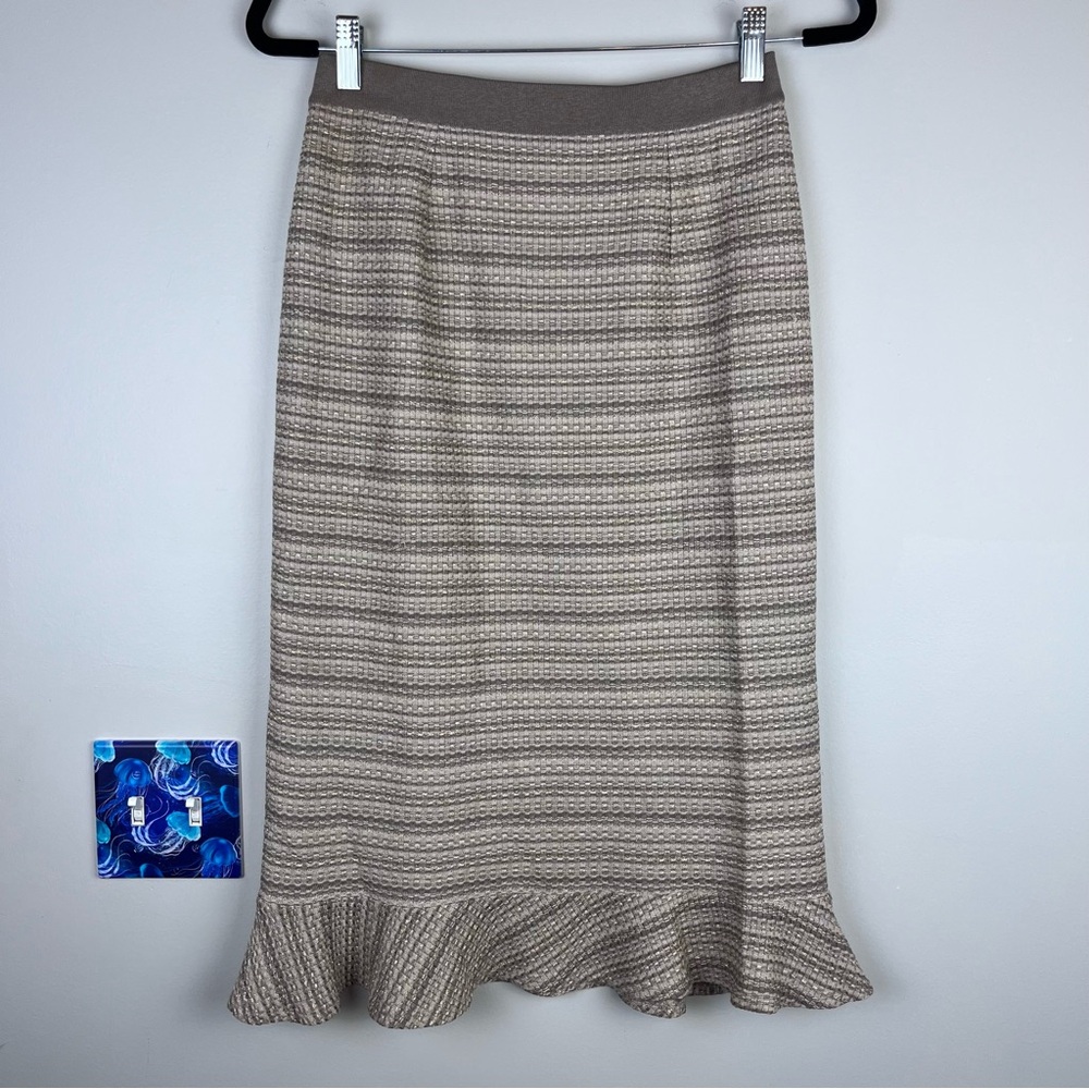 Misook Tan Beige Striped Metallic Straight Trumpet Career Work Skirt XS Fall